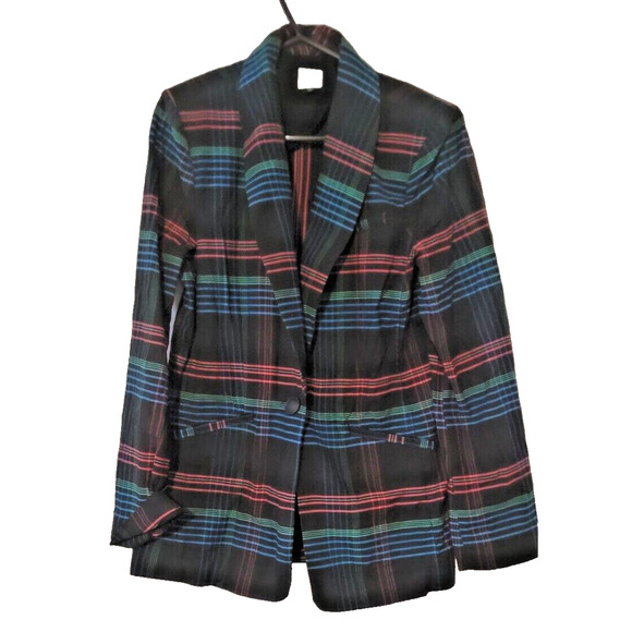 CAbi Stripped Plaid One Buttton Blazer Jacket Medium Black Red Blue 3850 Suit - Picture 1 of 5